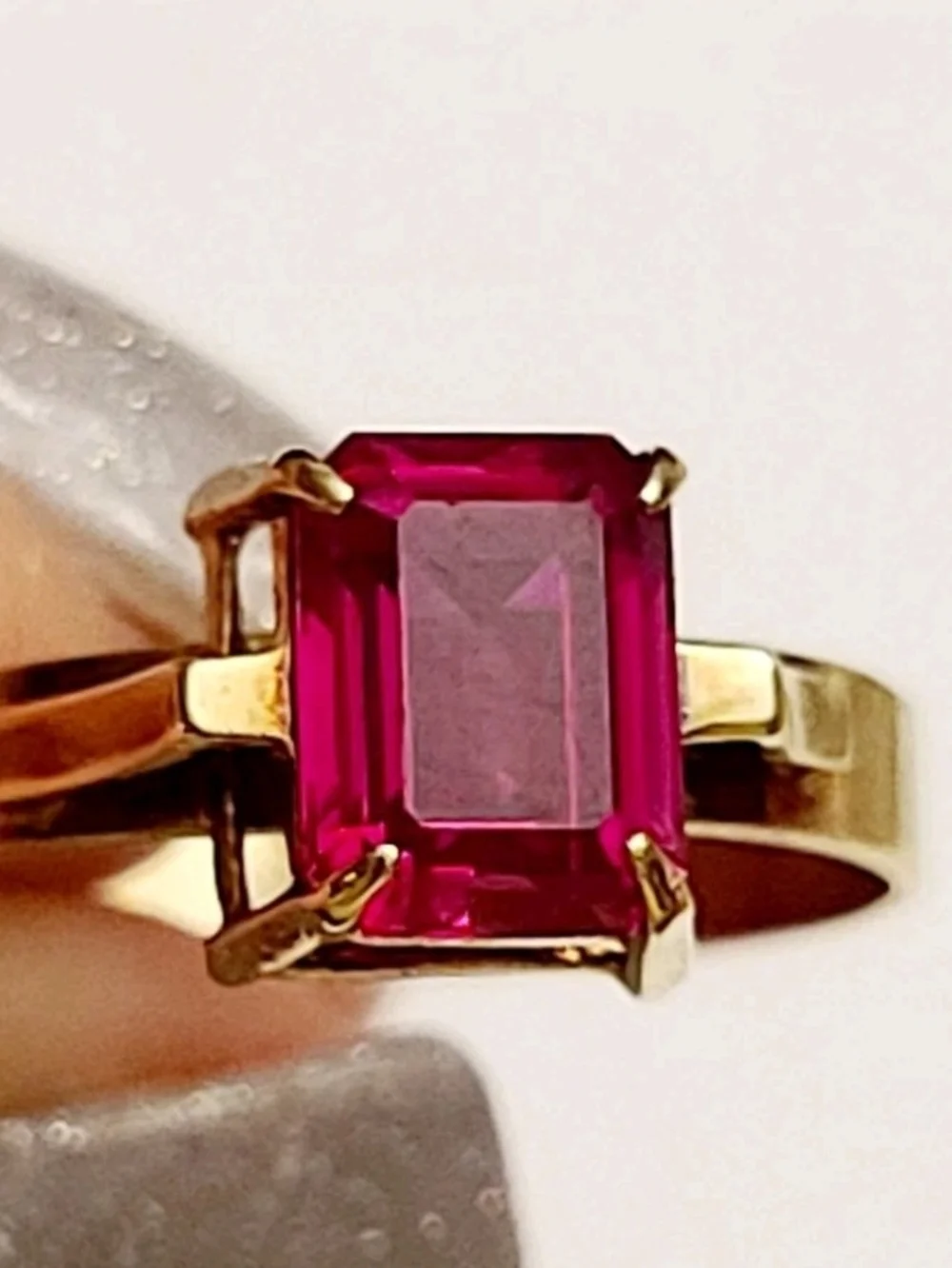 Vintage 9K Yellow Gold Ring With Emerald Cut Ruby Solitaire